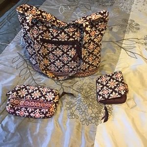 Vera Bradley med size tote style bag with matching small wallet and make up bag.